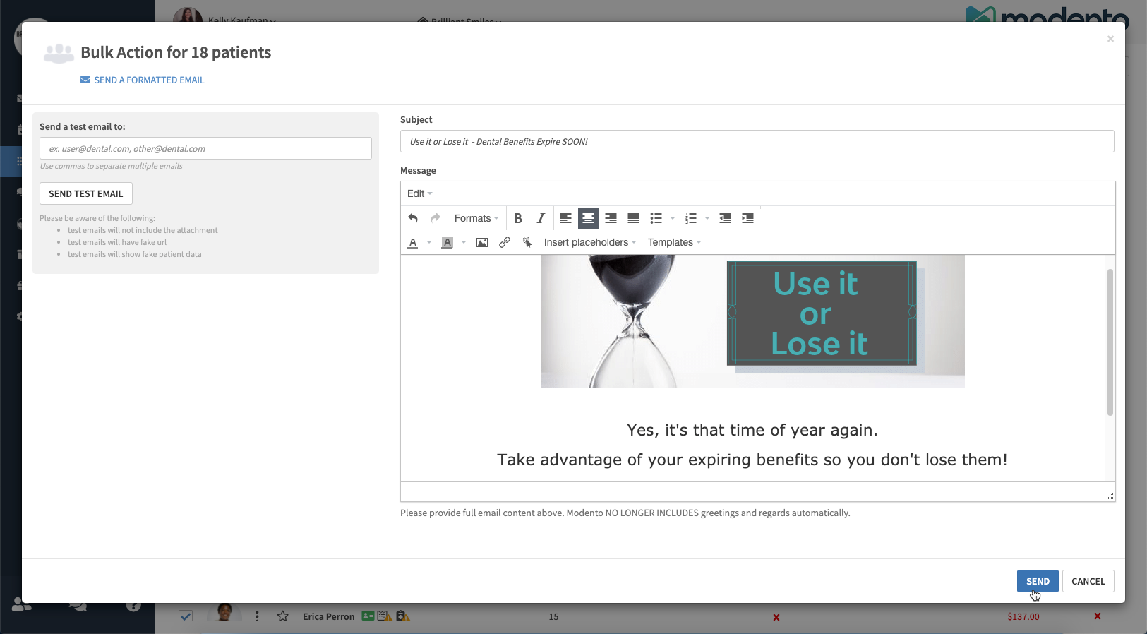 Modento email editor displaying a "use it or lose it" benefits reminder email for unscheduled patients